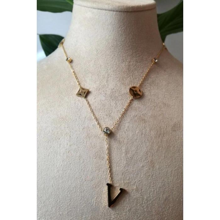 v harf yildizli tasarim ince gold zincirli altin renkli zirkon tasli kaliteli paslanmaz celik kolye stainless stell