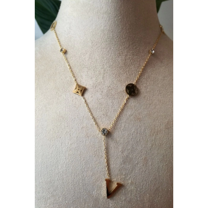 v harf yildizli tasarim ince gold zincirli altin renkli zirkon tasli kaliteli paslanmaz celik kolye stainless stell