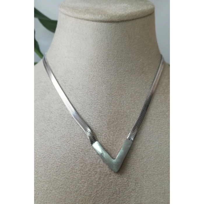 V harfli tasarim italyan zincirli beyaz sedef tasli gumus renkli kaliteli paslanmaz celik kolye stainless stell