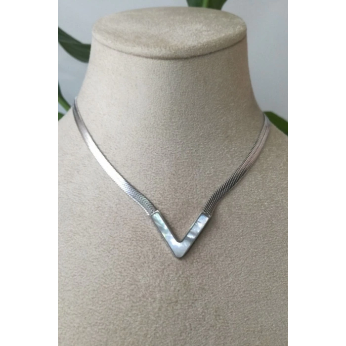 V harfli tasarim italyan zincirli beyaz sedef tasli gumus renkli kaliteli paslanmaz celik kolye stainless stell