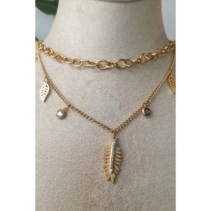yaprakli tasarim ince gold cift zincirli altin renkli zirkon tasli kaliteli paslanmaz celik kolye stainless stell
