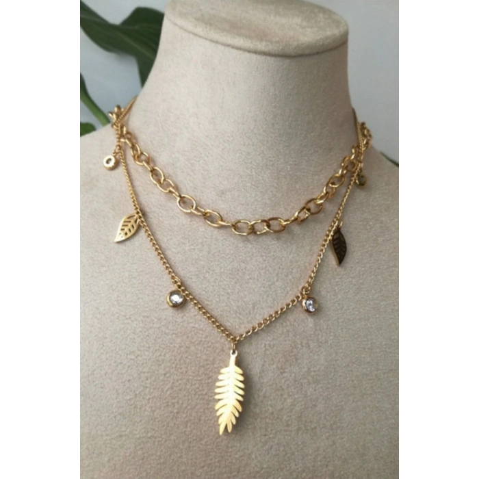 yaprakli tasarim ince gold cift zincirli altin renkli zirkon tasli kaliteli paslanmaz celik kolye stainless stell