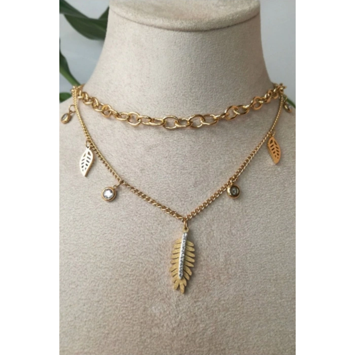 yaprakli tasarim ince gold cift zincirli altin renkli zirkon tasli kaliteli paslanmaz celik kolye stainless stell