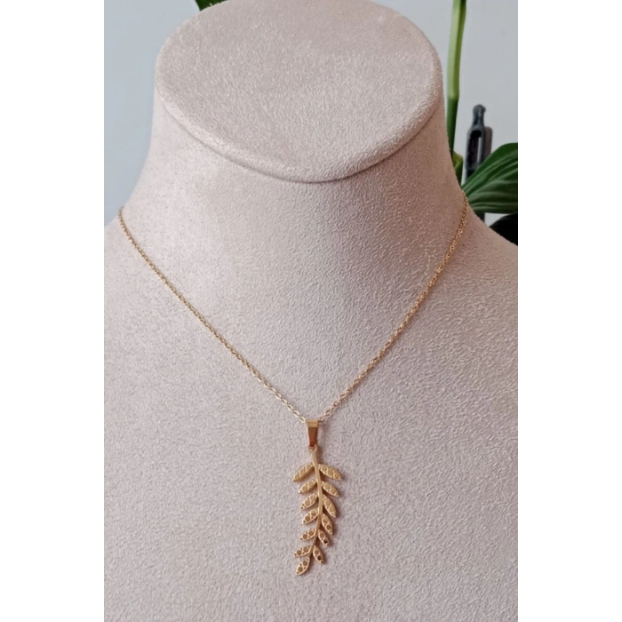 yaprakli tasarim ince gold zincirli altin renkli kaliteli paslanmaz celik kolye stainless stell
