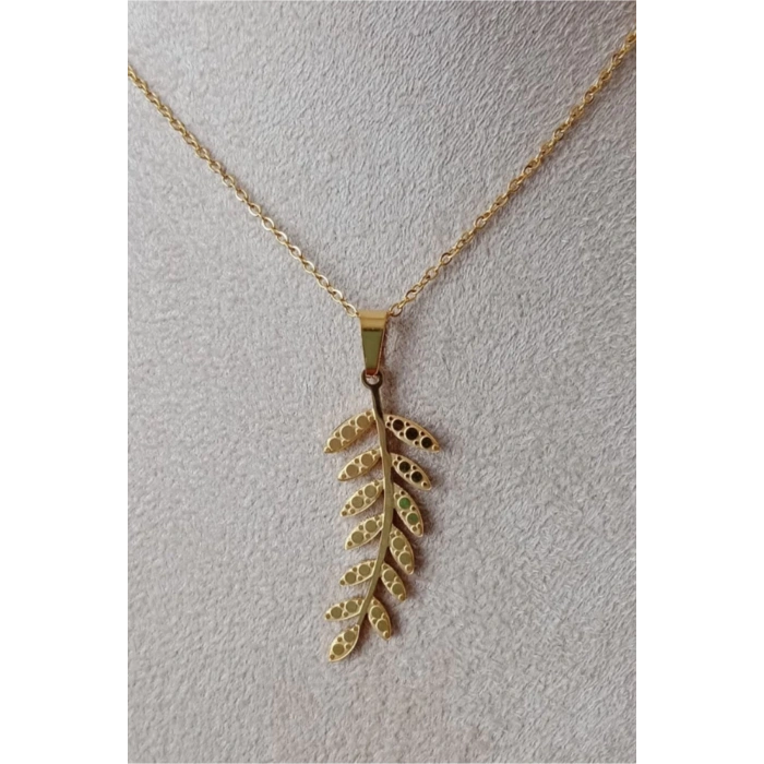 yaprakli tasarim ince gold zincirli altin renkli kaliteli paslanmaz celik kolye stainless stell