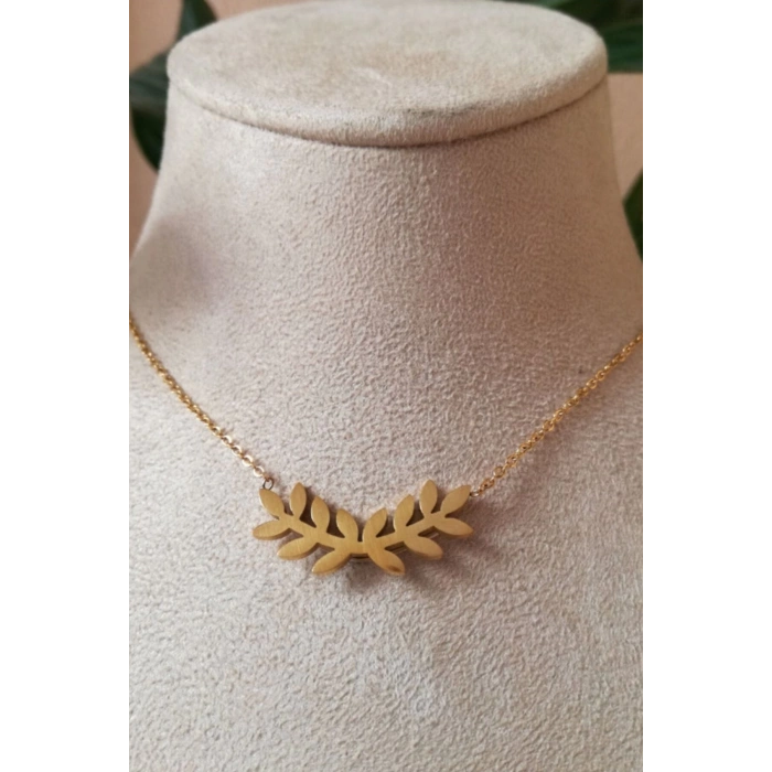 yaprakli tasarim ince gold zincirli altin renkli zirkon tasli kaliteli paslanmaz celik kolye stainless stell