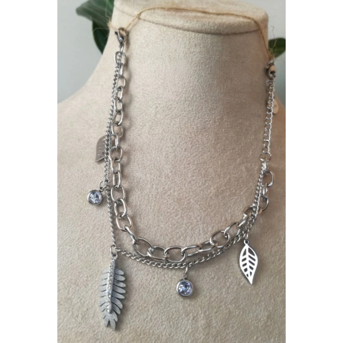 yaprakli tasarim ince silver cift zincirli gumus renkli zirkon tasli kaliteli paslanmaz celik bileklik halhal stainless stell
