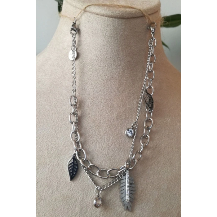 yaprakli tasarim ince silver cift zincirli gumus renkli zirkon tasli kaliteli paslanmaz celik bileklik halhal stainless stell