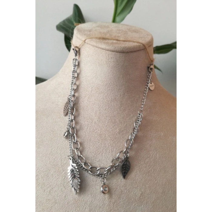 yaprakli tasarim ince silver cift zincirli gumus renkli zirkon tasli kaliteli paslanmaz celik bileklik halhal stainless stell