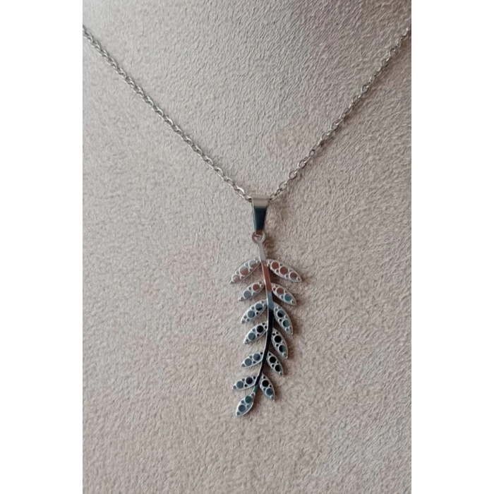 yaprakli tasarim ince silver zincirli gumus renkli kaliteli paslanmaz celik kolye stainless stell