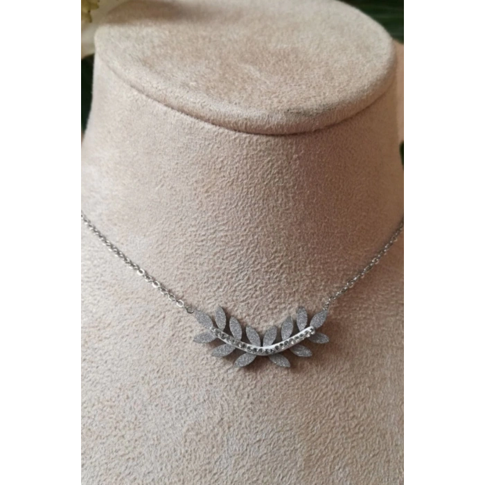 yaprakli tasarim ince silver zincirli gumus renkli zirkon tasli kaliteli paslanmaz celik kolye stainless stell