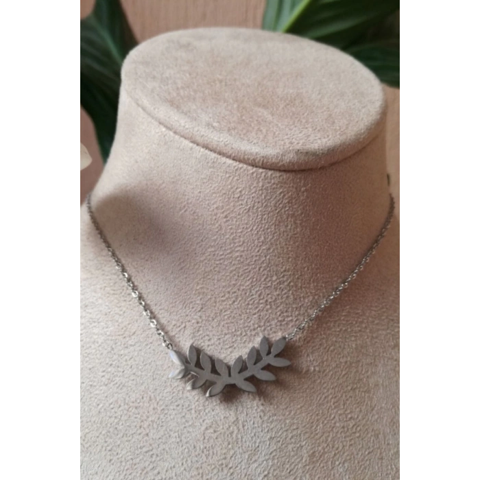 yaprakli tasarim ince silver zincirli gumus renkli zirkon tasli kaliteli paslanmaz celik kolye stainless stell