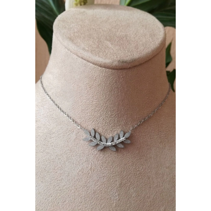 yaprakli tasarim ince silver zincirli gumus renkli zirkon tasli kaliteli paslanmaz celik kolye stainless stell