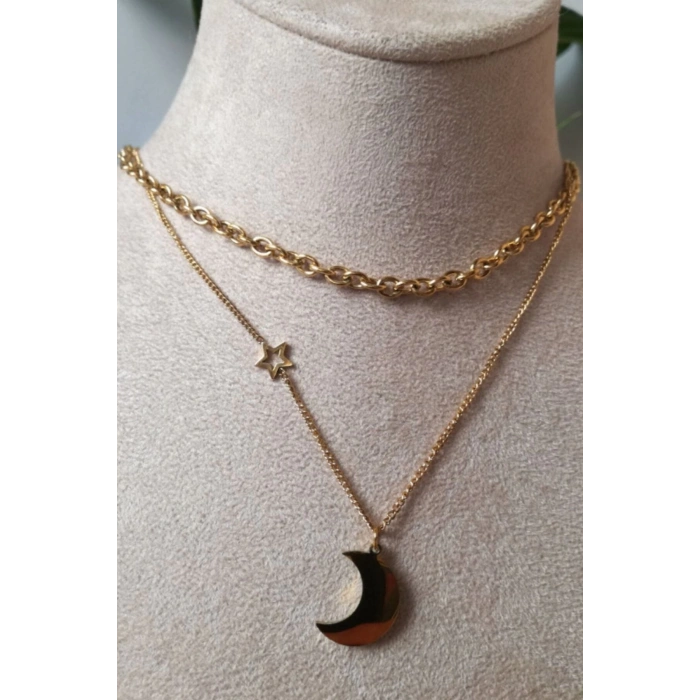 yarim ay tasarim ince gold cift zincirli altin renkli zirkon tasli kaliteli paslanmaz celik kolye stainless stell
