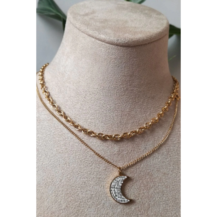 yarim ay tasarim ince gold cift zincirli altin renkli zirkon tasli kaliteli paslanmaz celik kolye stainless stell