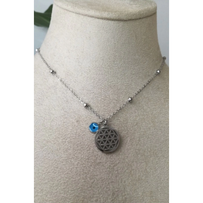 yasam cicegi nazar boncuklu goz tasarim ince silver zincirli gumus renkli kaliteli paslanmaz celik kolye stainless stell