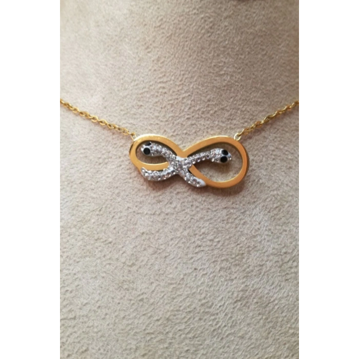 Yılan Figürlü Sonsuzluk Tasarım ince Gold Zincirli Altın Renkli Zirkon Taşlı Kaliteli Paslanmaz Çelik Kolye Stainless Stell