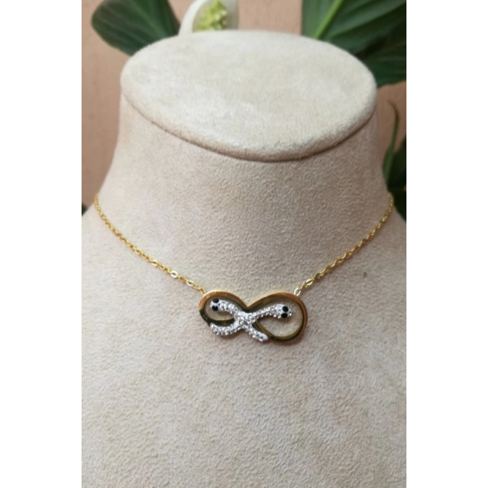 Yılan Figürlü Sonsuzluk Tasarım ince Gold Zincirli Altın Renkli Zirkon Taşlı Kaliteli Paslanmaz Çelik Kolye Stainless Stell