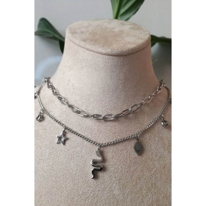 yilanli nazar boncuklu tasarim ciftli orme silver zincirli gumus renkli zirkon tasli kaliteli paslanmaz celik kolye stainless stell