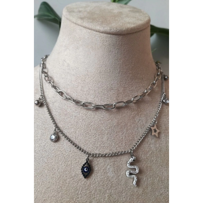 yilanli nazar boncuklu tasarim ciftli orme silver zincirli gumus renkli zirkon tasli kaliteli paslanmaz celik kolye stainless stell