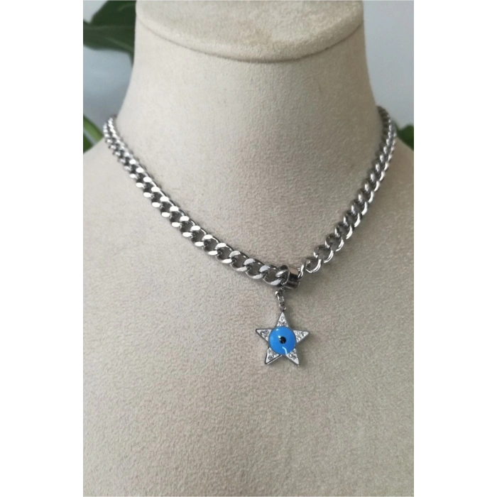 yildiz nazar boncuklu tasarim kalin silver orme zincirli gumus renkli zirkon tasli kaliteli paslanmaz celik kolye stainless stell