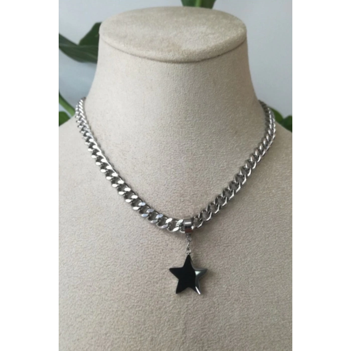 yildiz nazar boncuklu tasarim kalin silver orme zincirli gumus renkli zirkon tasli kaliteli paslanmaz celik kolye stainless stell