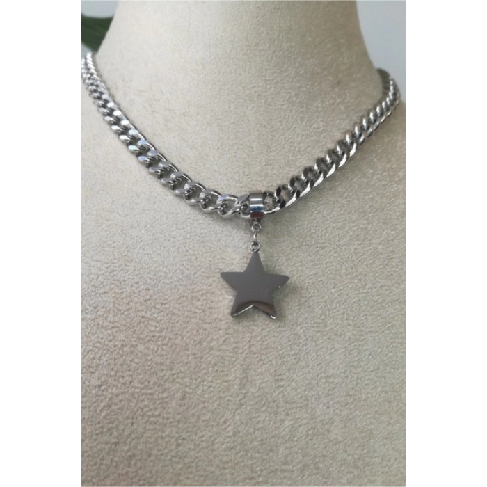 yildiz nazar boncuklu tasarim kalin silver orme zincirli gumus renkli zirkon tasli kaliteli paslanmaz celik kolye stainless stell