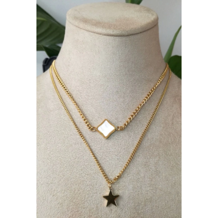 yildiz tasarim ince gold cift zincirli altin renkli selenit tasli kaliteli paslanmaz celik kolye stainless stell