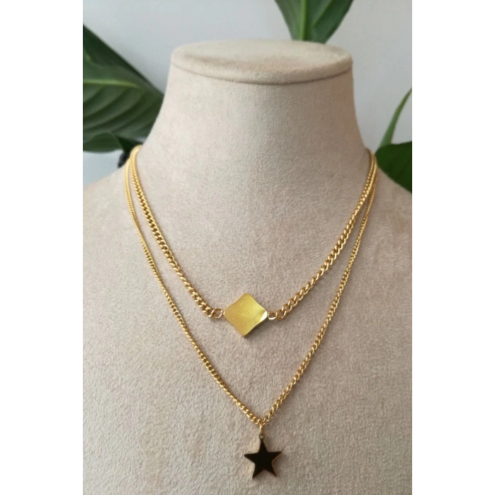 yildiz tasarim ince gold cift zincirli altin renkli selenit tasli kaliteli paslanmaz celik kolye stainless stell