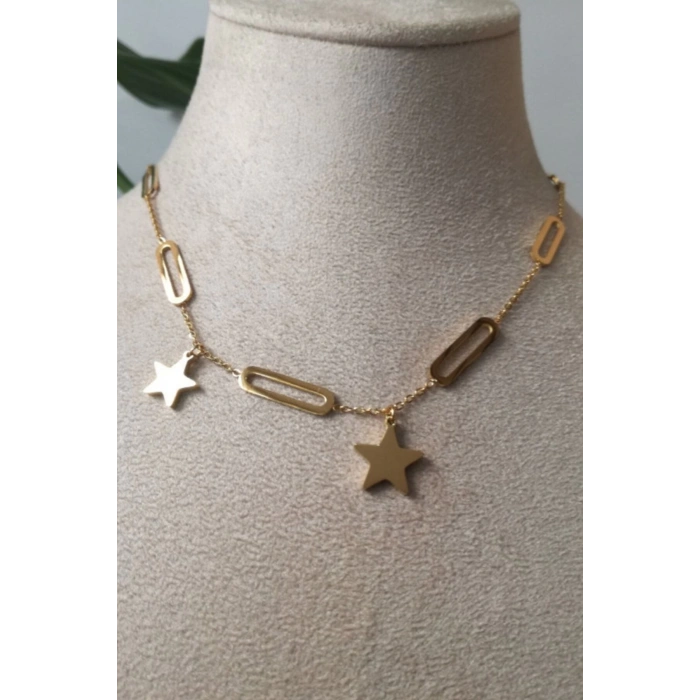 yildiz tasarim ince gold zincirli zirkon akik selenit tasli altin renkli kaliteli paslanmaz celik kolye stainless stell