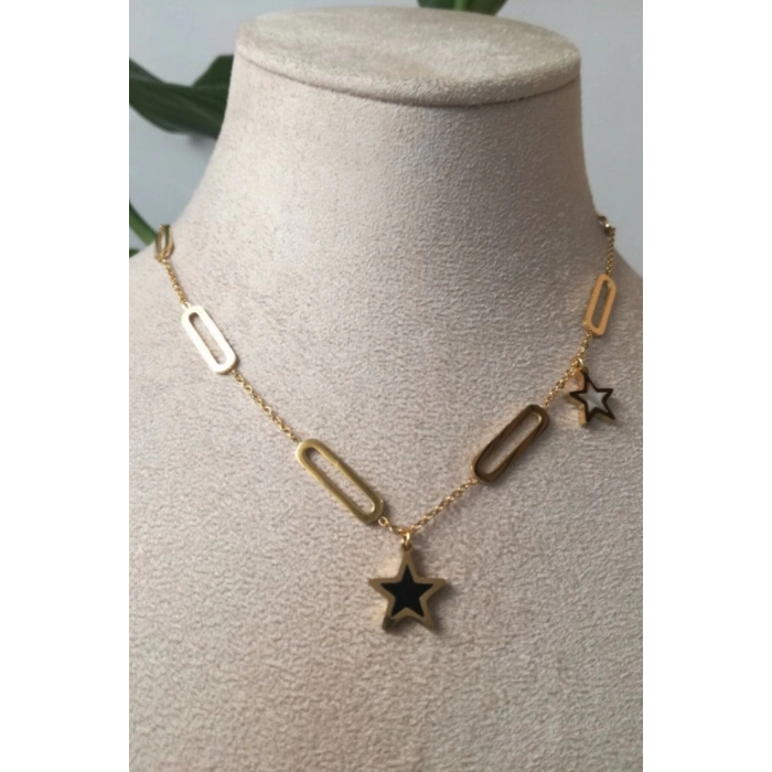 yildiz tasarim ince gold zincirli zirkon akik selenit tasli altin renkli kaliteli paslanmaz celik kolye stainless stell