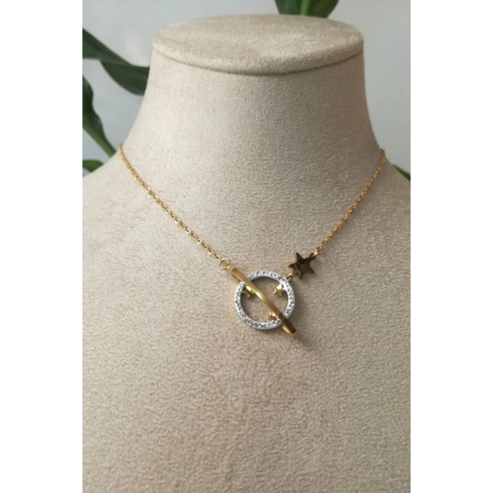 yildiz tasarim ince gold zincirli zirkon tasli altin renkli kaliteli paslanmaz celik kolye stainless stell