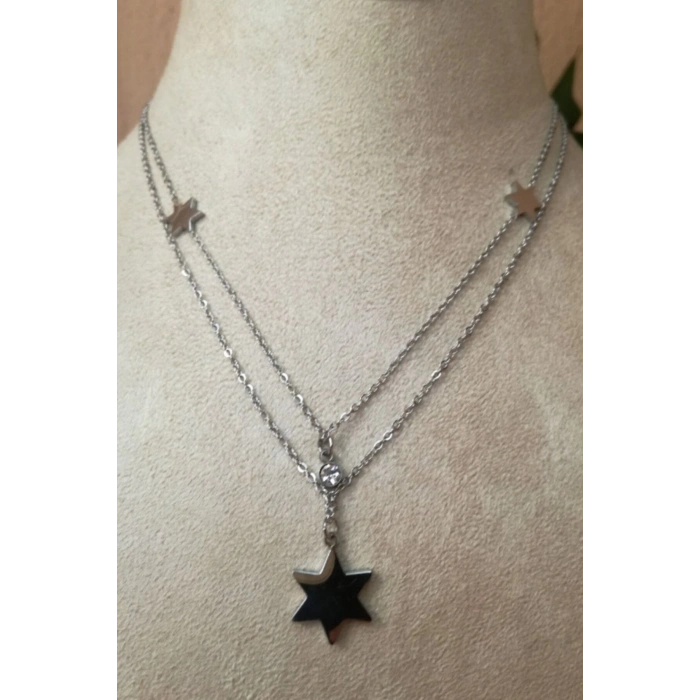 yildiz tasarim ince silver cift zincirli zirkon selenit tasli gumus renkli kaliteli paslanmaz celik kolye stainless stell