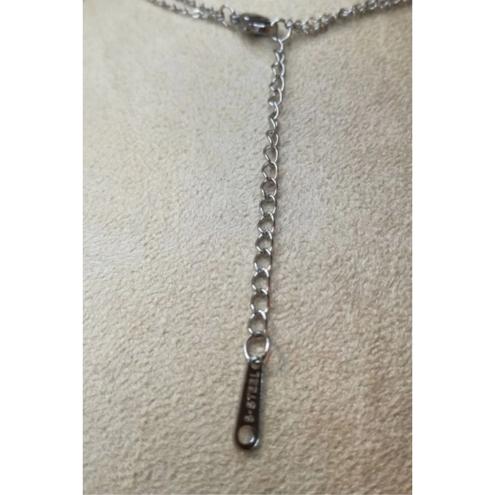 yildiz tasarim ince silver cift zincirli zirkon selenit tasli gumus renkli kaliteli paslanmaz celik kolye stainless stell