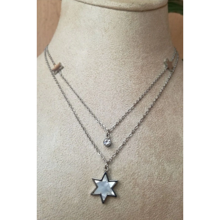 yildiz tasarim ince silver cift zincirli zirkon selenit tasli gumus renkli kaliteli paslanmaz celik kolye stainless stell