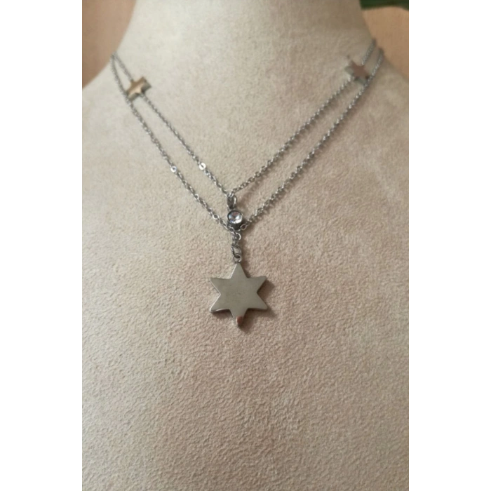 yildiz tasarim ince silver cift zincirli zirkon selenit tasli gumus renkli kaliteli paslanmaz celik kolye stainless stell