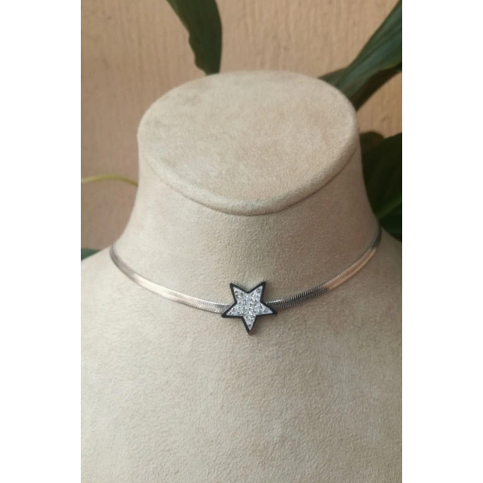 yildiz tasarim italyan zincirli zirkon tasli gumus renkli kaliteli paslanmaz celik kolye stainless stell