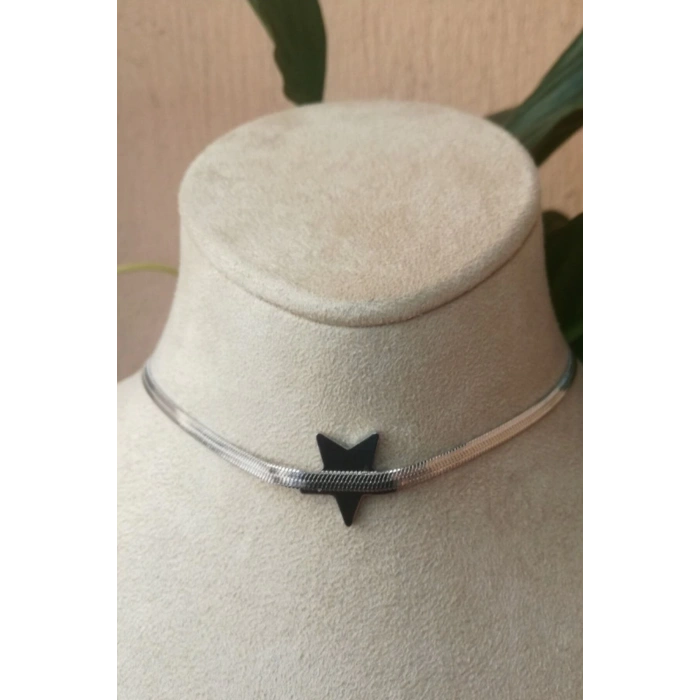 yildiz tasarim italyan zincirli zirkon tasli gumus renkli kaliteli paslanmaz celik kolye stainless stell