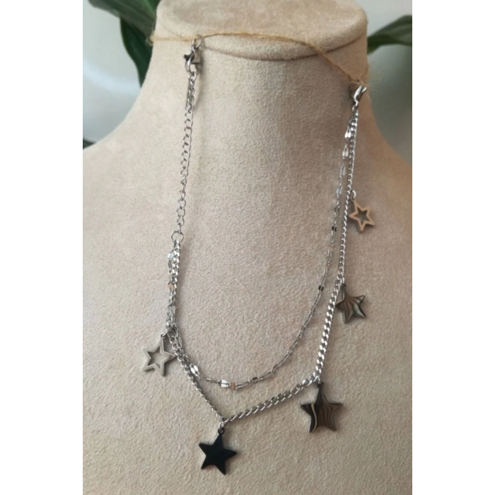 yildizlar tasarim ince silver cift zincirli gumus renkli selenit tasli paslanmaz celik bileklik halhal