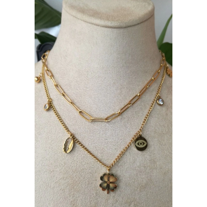 yonca tasarim ince gold cift zincirli tasli altin renkli kaliteli paslanmaz celik kolye stainless stell