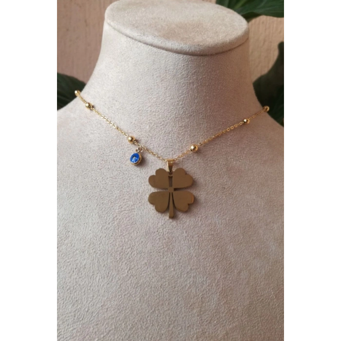 yonca tasarim ince gold zincirli altin renkli nazar boncuklu tasli kaliteli paslanmaz celik kolye stainless stell