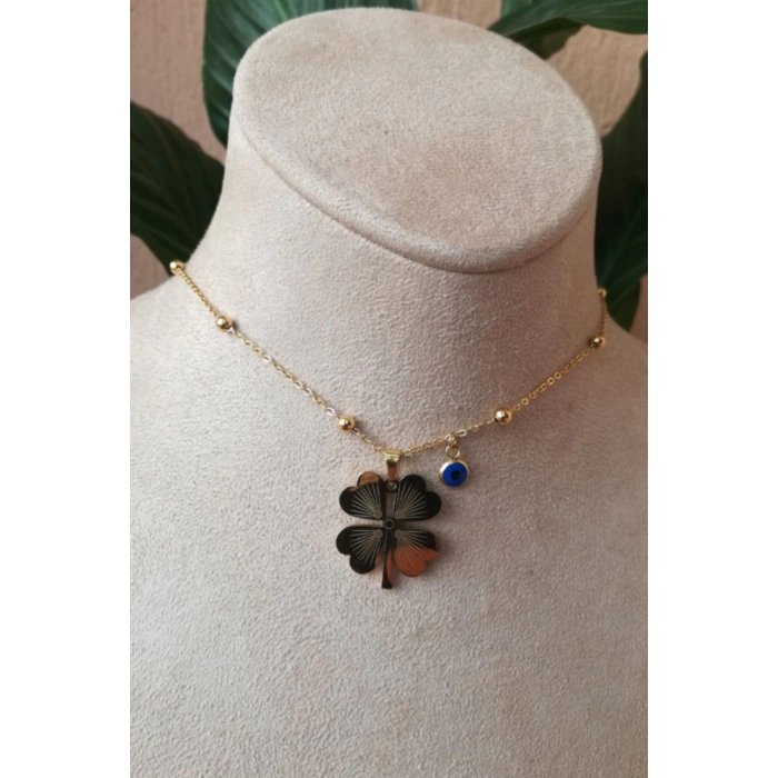 yonca tasarim ince gold zincirli altin renkli nazar boncuklu tasli kaliteli paslanmaz celik kolye stainless stell