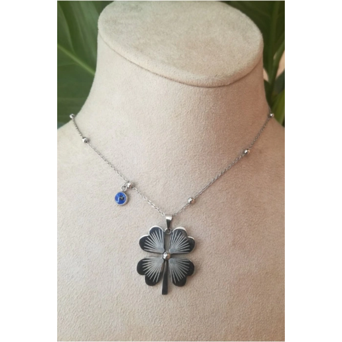 yonca tasarim ince silver zincirli gumus renkli nazar boncuklu tasli kaliteli paslanmaz celik kolye stainless stell