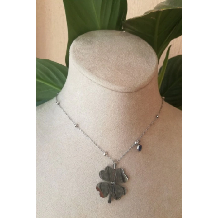 yonca tasarim ince silver zincirli gumus renkli nazar boncuklu tasli kaliteli paslanmaz celik kolye stainless stell