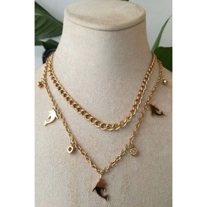 yunuslar tasarim ince gold cift zincirli tasli altin renkli kaliteli paslanmaz celik kolye stainless stell