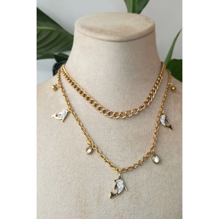 yunuslar tasarim ince gold cift zincirli tasli altin renkli kaliteli paslanmaz celik kolye stainless stell