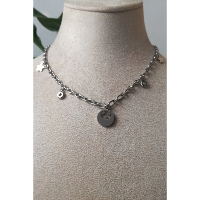 yuvarlak ay yildiz tasarim kalin silver zincirli gumus renkli ay tasli kaliteli paslanmaz celik kolye stainless stell