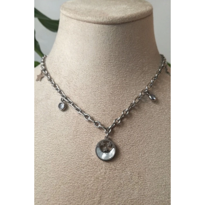 yuvarlak ay yildiz tasarim kalin silver zincirli gumus renkli ay tasli kaliteli paslanmaz celik kolye stainless stell