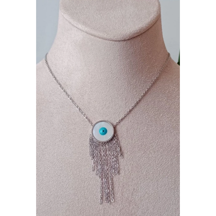 yuvarlak nazar boncuklu goz tasarim ince silver zincirli gumus renkli kaliteli paslanmaz celik kolye stainless stell