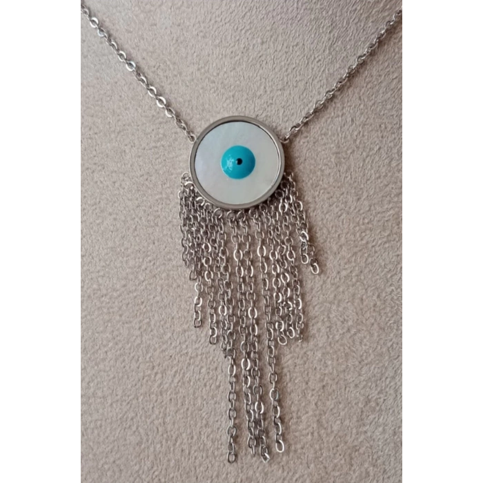 yuvarlak nazar boncuklu goz tasarim ince silver zincirli gumus renkli kaliteli paslanmaz celik kolye stainless stell